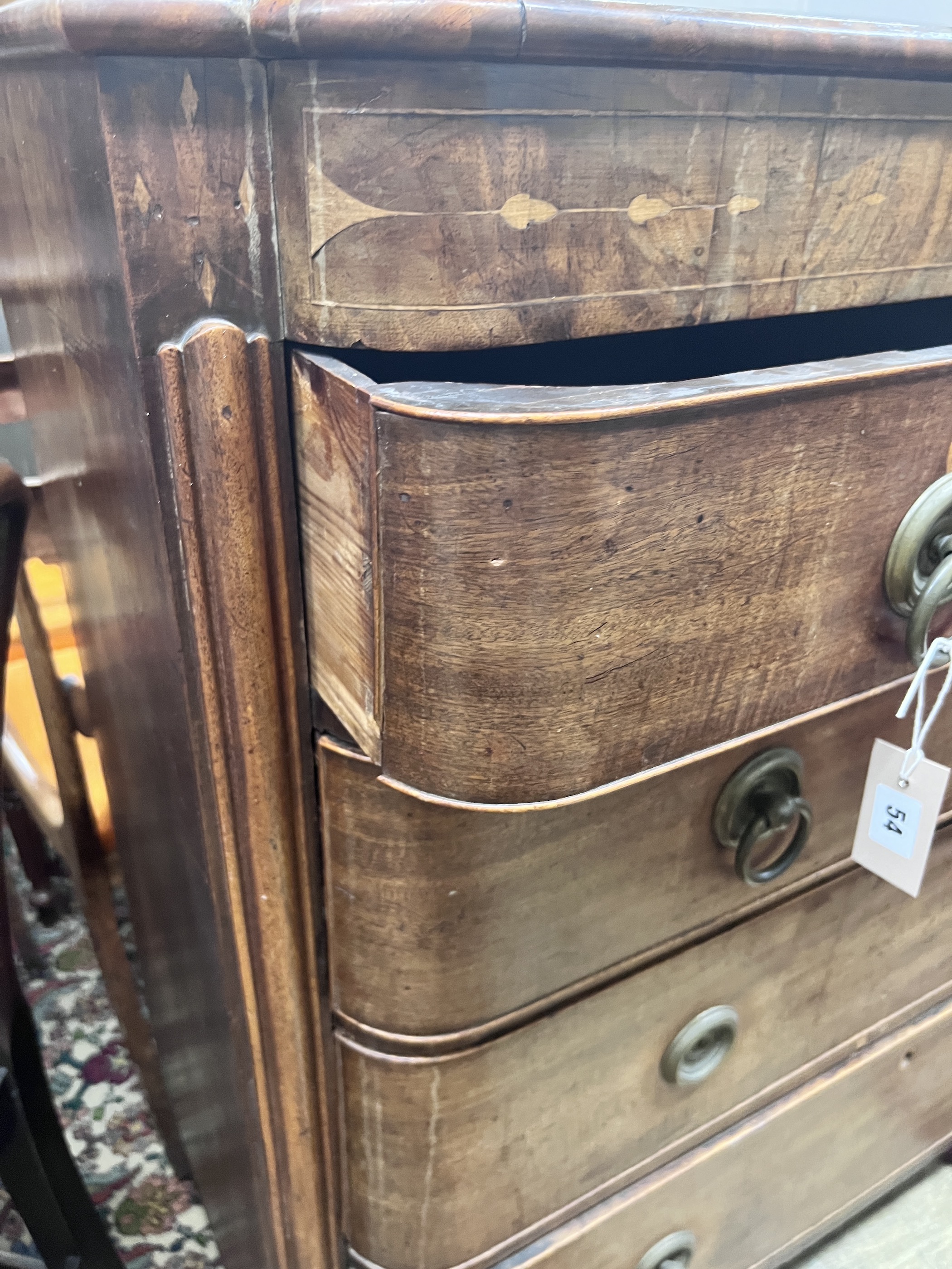 A Regency inlaid mahogany bow front chest, width 108cm, depth 48cm, height 115cm